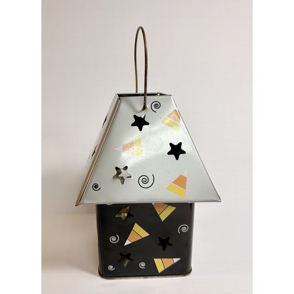 Cat Lantern Halloween Luminary Tin Metal Vtg Look Candycorn Lantern Decor - Picture 2 of 5